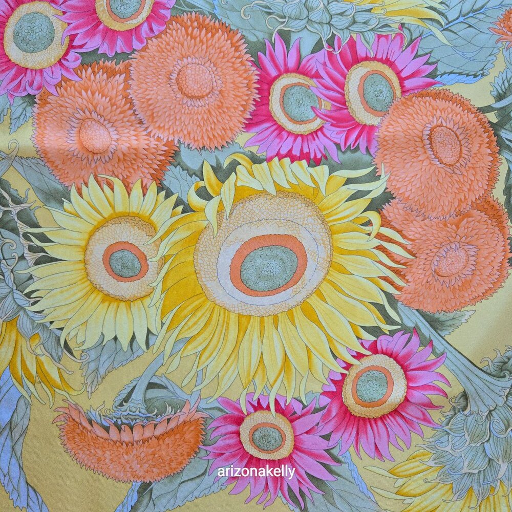 Large Silk Twill Scarf Hand-Rolled Sunflowers Floral Orange Yellow - Picture 5 of 12